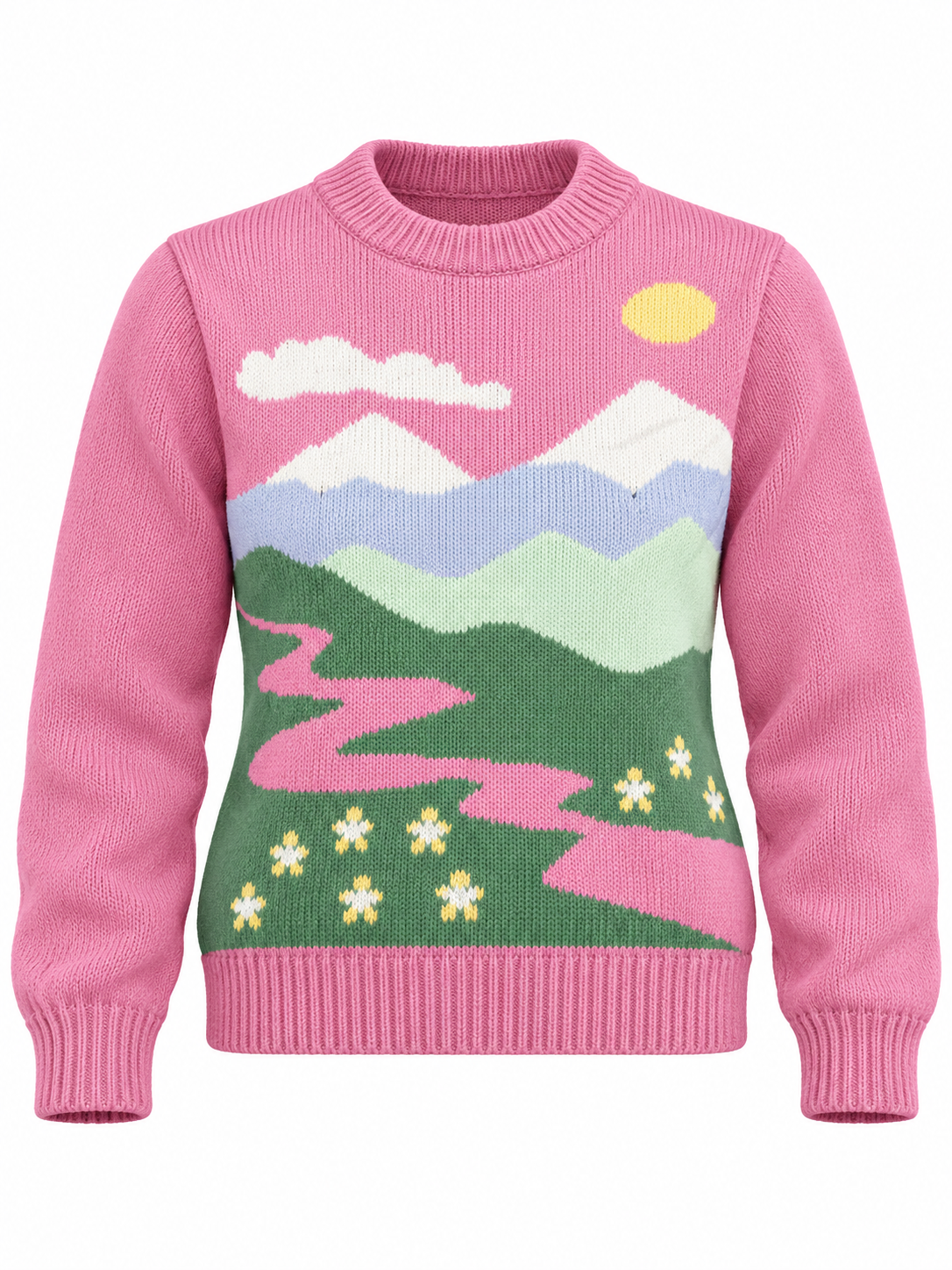   Vintage Supply women’s pink landscape knit jumper in UK size S, featuring a colourful mountain design, long sleeves and ribbed trims.
