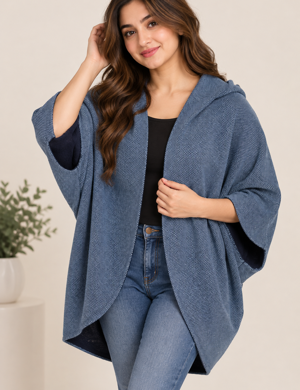 WALL London women’s blue textured hooded cardigan in UK Size L. Stylish open-front design with wide sleeves and a relaxed fit, ideal for layering.