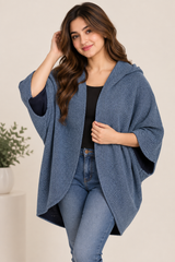 WALL London Women Blue Textured Hooded Open Front Cardigan