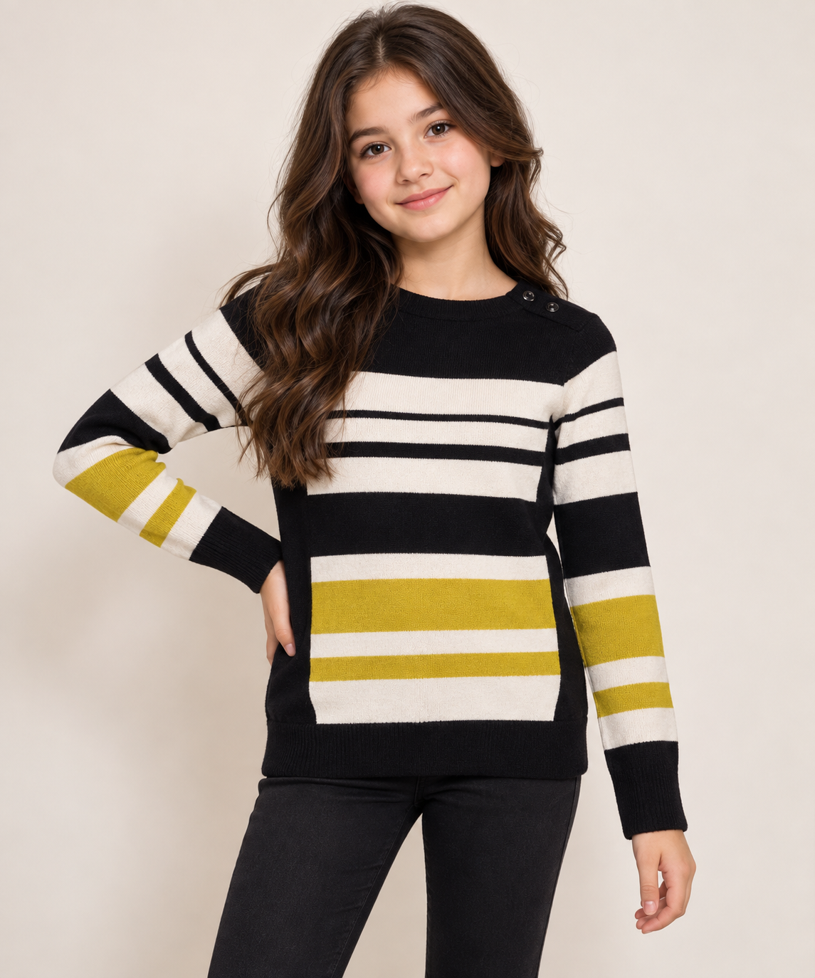 WALLIS PETITE striped knit jumper in UK Size 12–13 Years. Stylish black, cream and mustard design with long sleeves and shoulder button detail.