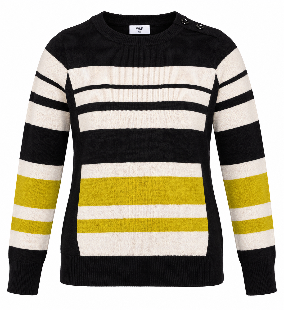 WALLIS PETITE striped knit jumper in UK Size 12–13 Years. Stylish black, cream and mustard design with long sleeves and shoulder button detail.