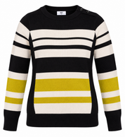 WALLIS PETITE striped knit jumper in UK Size 12–13 Years. Stylish black, cream and mustard design with long sleeves and shoulder button detail.