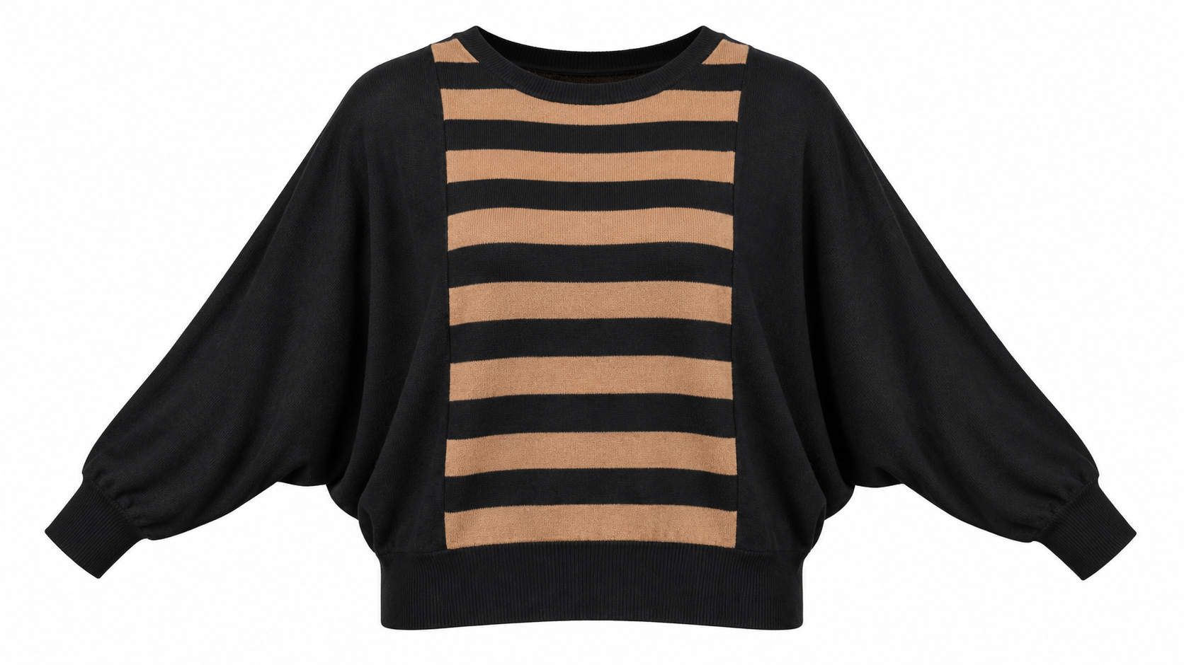   Wallis women’s black and camel striped batwing sweater in UK size M, featuring a relaxed fit, round neckline and ribbed cuffs and hem.