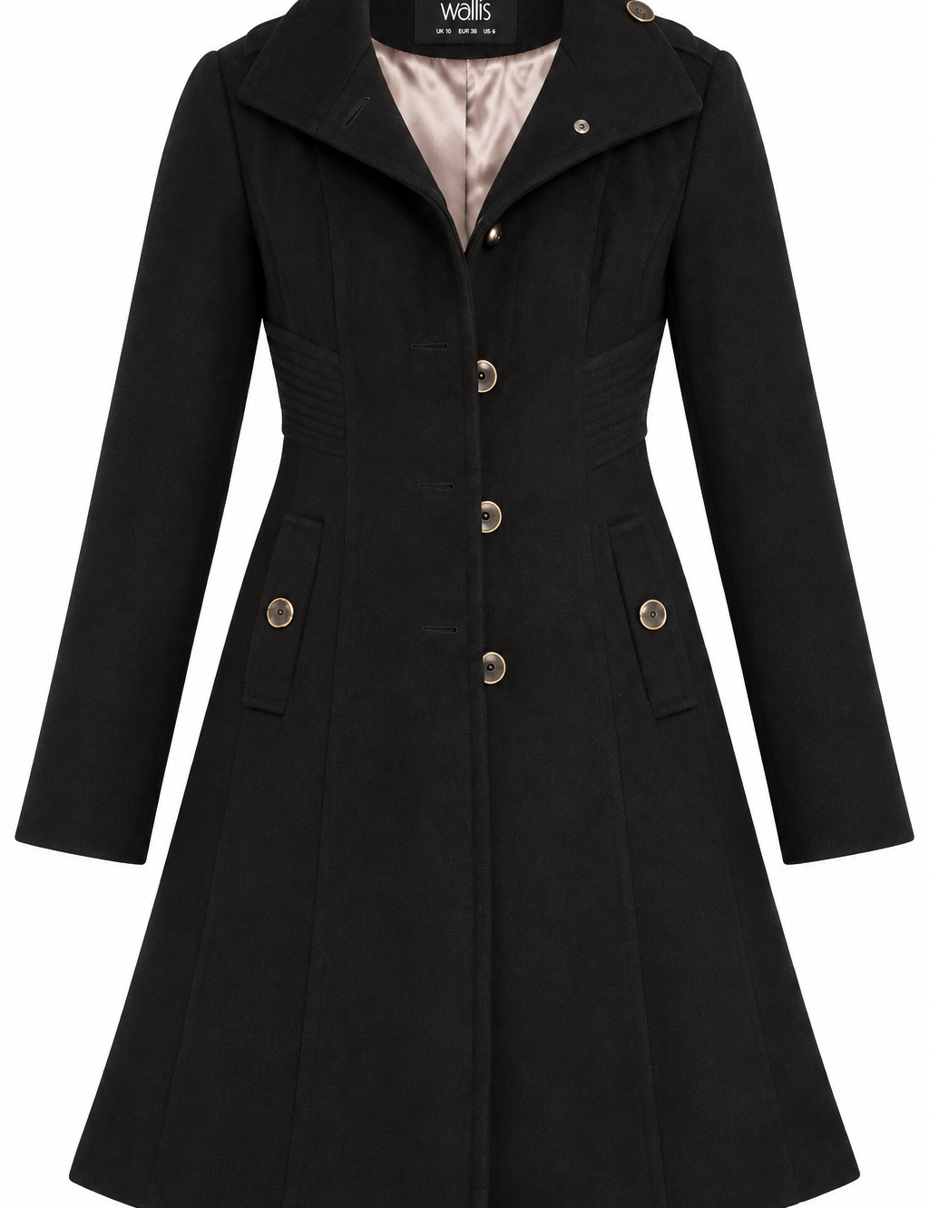 WALLIS women’s black tailored long coat in UK Size S. Elegant fitted design with metallic buttons, long sleeves and smart styling for autumn and winter.