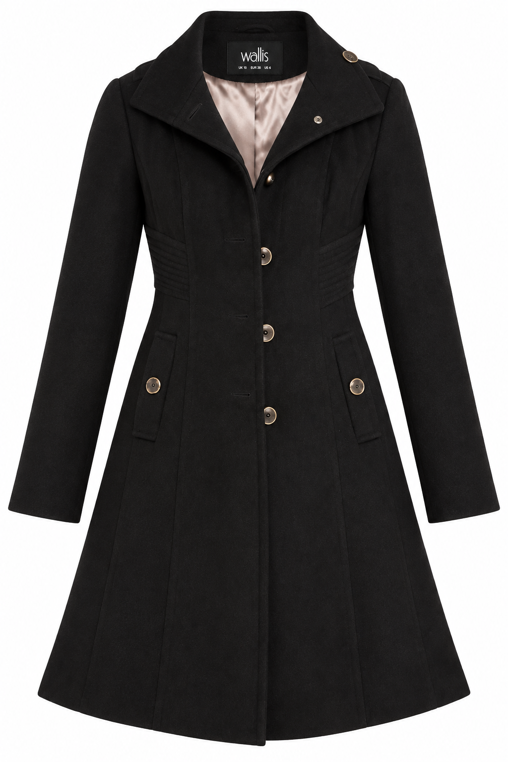 WALLIS women’s black tailored long coat in UK Size S. Elegant fitted design with metallic buttons, long sleeves and smart styling for autumn and winter.