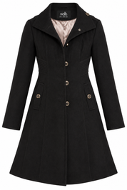 WALLIS women’s black tailored long coat in UK Size S. Elegant fitted design with metallic buttons, long sleeves and smart styling for autumn and winter.