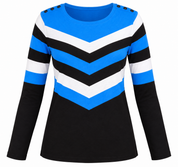  Wallis Women's Blue, White & Black Chevron Striped Long Sleeve Top in UK Size 10. Stylish round neck, shoulder button detailing and comfortable fit.