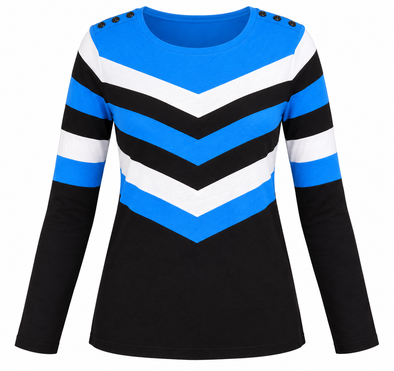  Wallis Women's Blue, White & Black Chevron Striped Long Sleeve Top in UK Size 10. Stylish round neck, shoulder button detailing and comfortable fit.