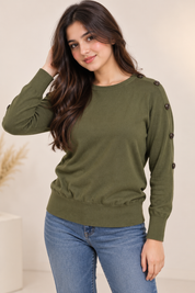 Wallis women’s olive green knit jumper in UK Size S with stylish button detailing. 4-star condition, comfortable fit and versatile everyday style.

