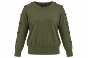  Wallis women’s olive green knit jumper in UK Size S with stylish button detailing. 4-star condition, comfortable fit and versatile everyday style.
