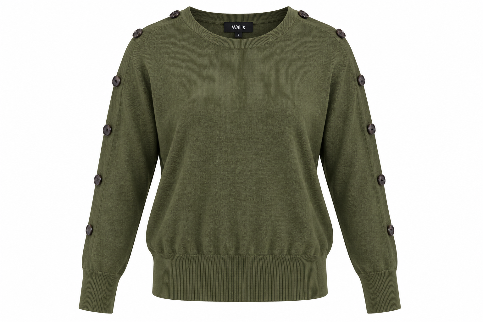  Wallis women’s olive green knit jumper in UK Size S with stylish button detailing. 4-star condition, comfortable fit and versatile everyday style.
