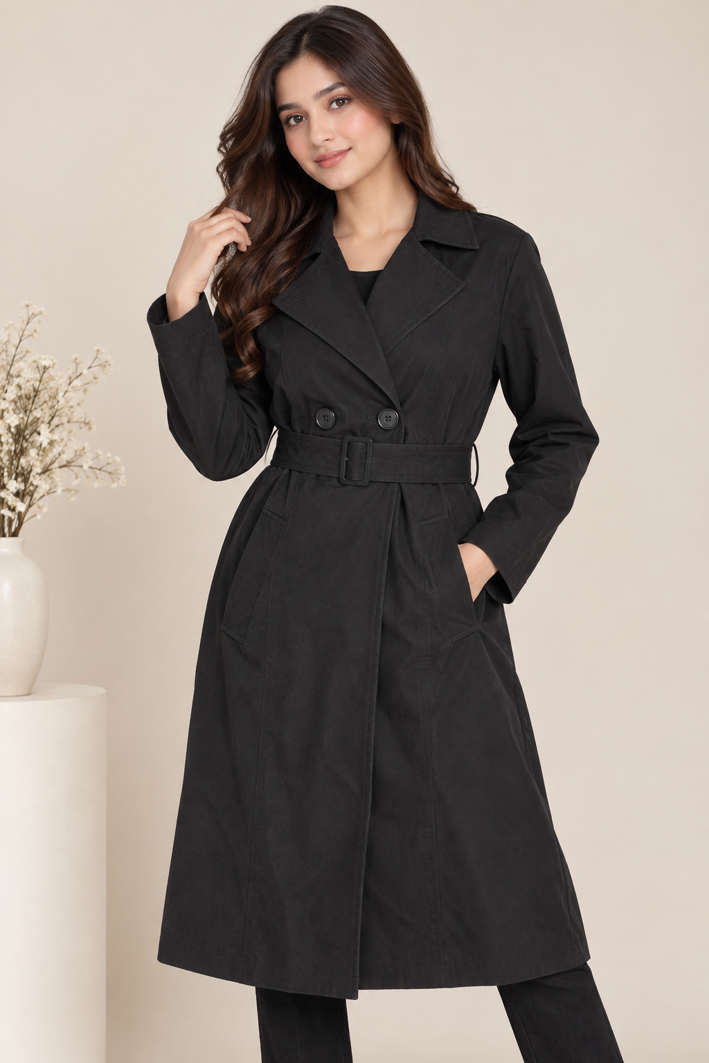  Wallis women’s black belted trench coat in UK Size L. Elegant longline design with lapel collar, buttons and waist belt for smart everyday wear.