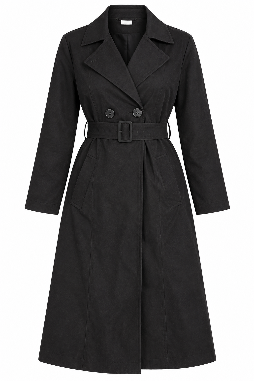  Wallis women’s black belted trench coat in UK Size L. Elegant longline design with lapel collar, buttons and waist belt for smart everyday wear.