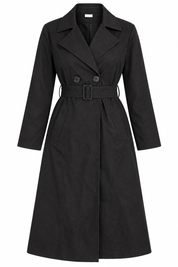  Wallis women’s black belted trench coat in UK Size L. Elegant longline design with lapel collar, buttons and waist belt for smart everyday wear.