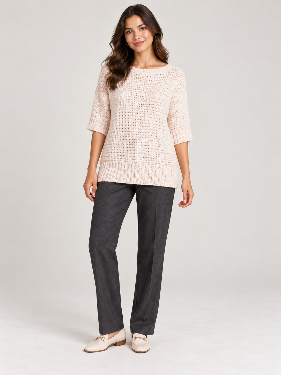 Wallis women’s cream textured knit jumper in UK XL, featuring elbow-length sleeves, a round neckline and deep ribbed trims for easy styling.