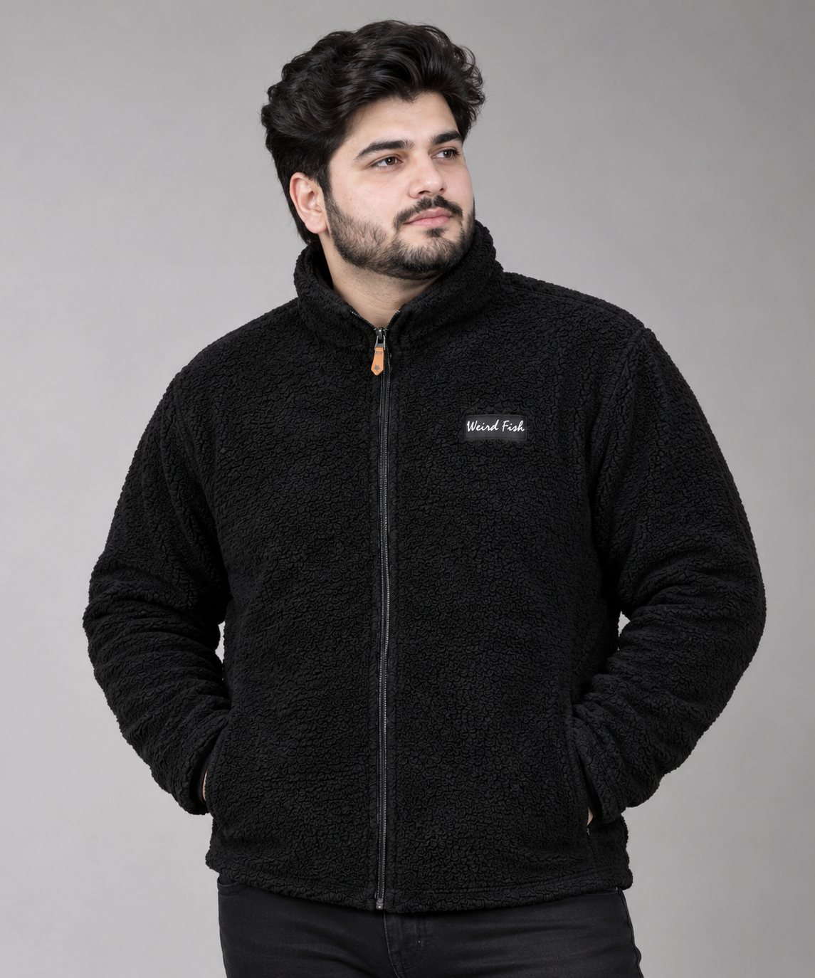 the Weird Fish Men’s Black Sherpa Fleece Jacket in UK Size 2XL. Featuring a full-zip design, high collar and soft fleece texture, perfect for comfortable winter and casual wear.