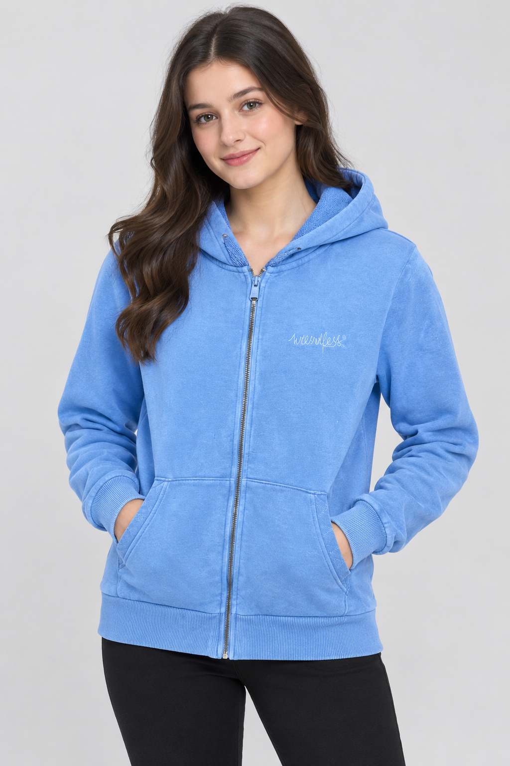  Weird Fish blue zip-up hoodie in UK size M. Comfortable hooded sweatshirt with front zip, kangaroo pockets and ribbed trims, perfect for casual wear.