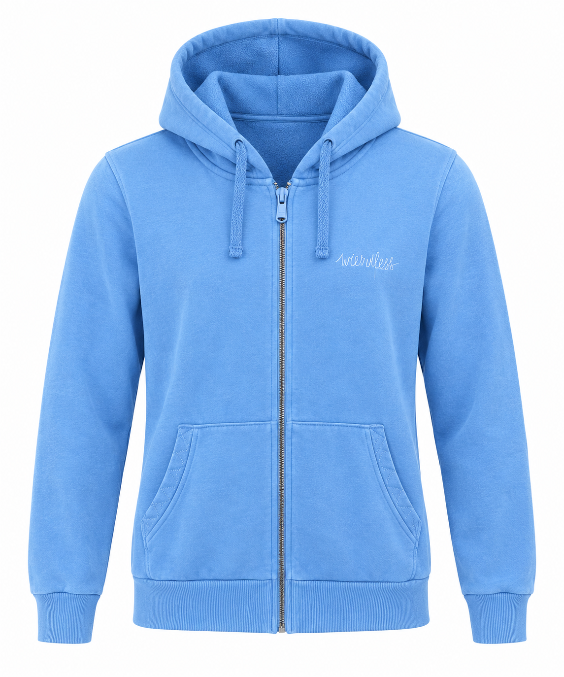  Weird Fish blue zip-up hoodie in UK size M. Comfortable hooded sweatshirt with front zip, kangaroo pockets and ribbed trims, perfect for casual wear.