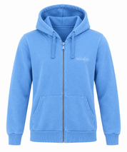  Weird Fish blue zip-up hoodie in UK size M. Comfortable hooded sweatshirt with front zip, kangaroo pockets and ribbed trims, perfect for casual wear.