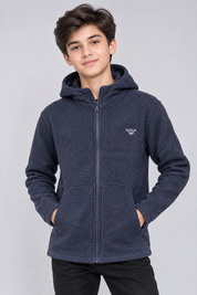  Weird Wash navy blue textured hooded zip-up jacket in UK Size S. Stylish casual design with full zip, hood and front pockets. Rated 4/5.