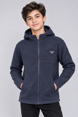 Weird Wash Navy Blue Textured Hooded Zip-Up Jacket
