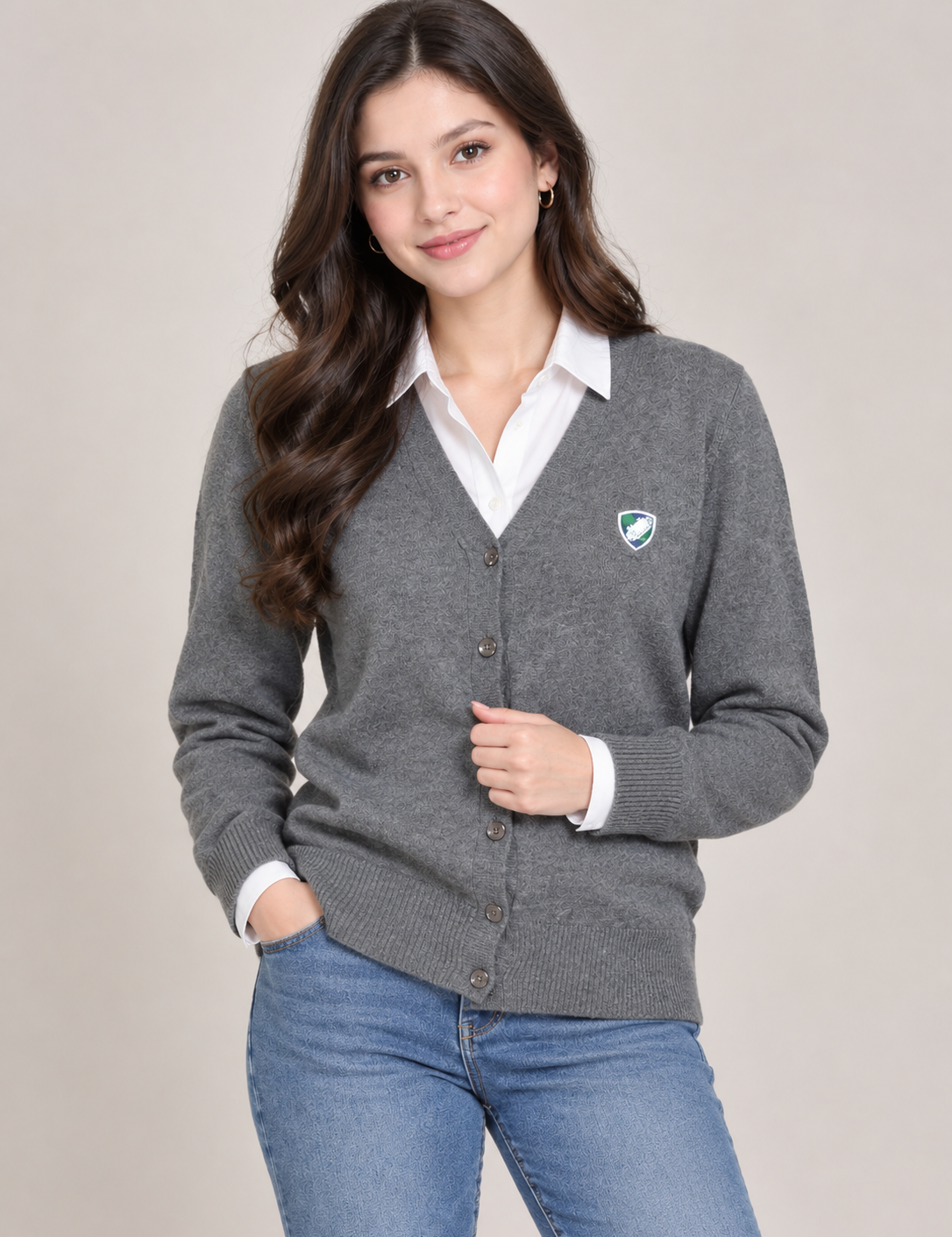  West Wood women’s grey V-neck knit cardigan in UK size L. Classic button-front design with long sleeves, ribbed trims and versatile smart-casual styling.