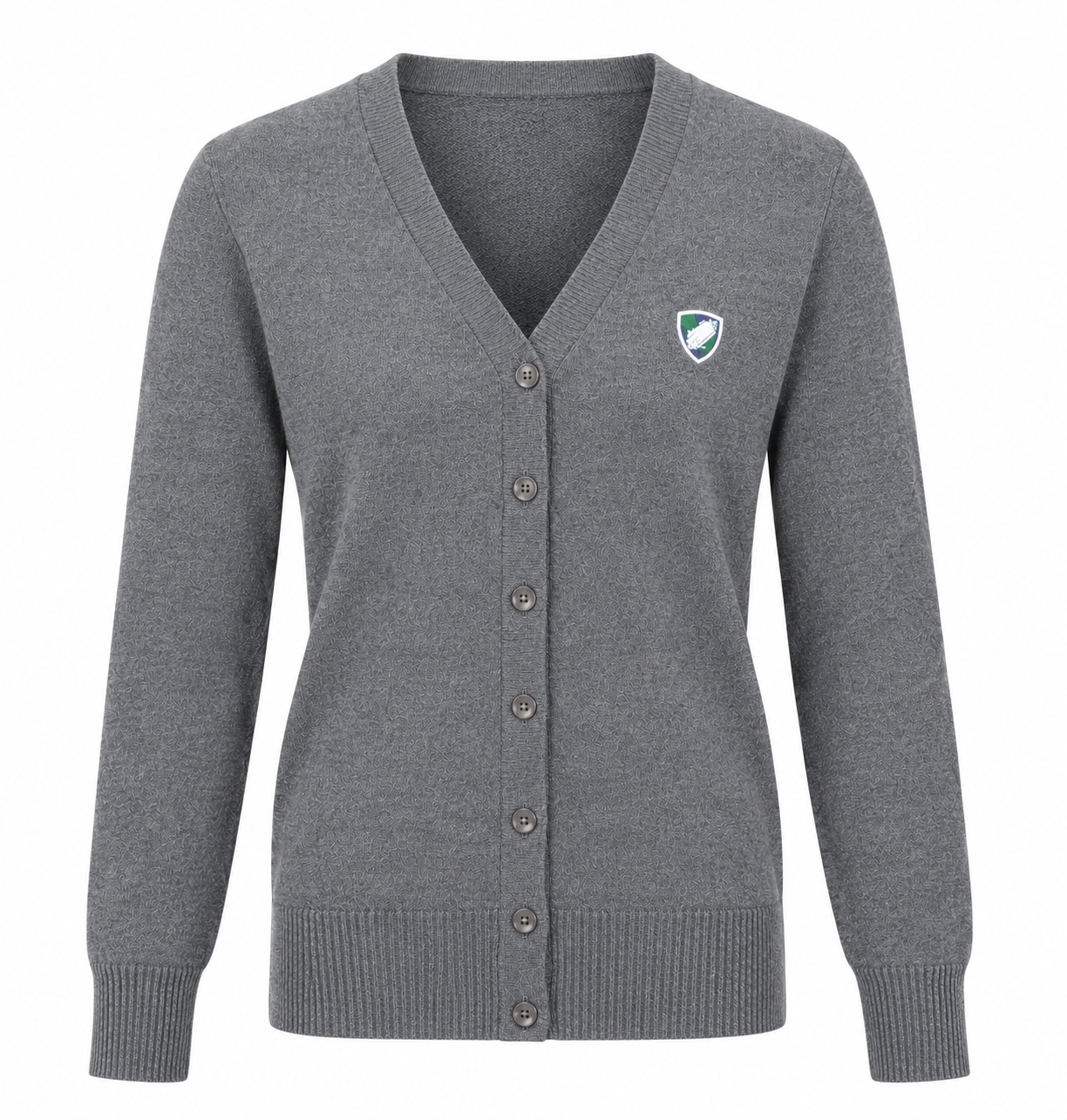  West Wood women’s grey V-neck knit cardigan in UK size L. Classic button-front design with long sleeves, ribbed trims and versatile smart-casual styling.