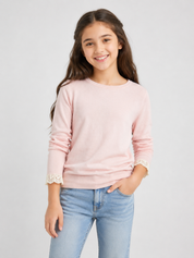  Weyburn girls' pink knit sweater with elegant lace cuff detail. Comfortable long-sleeve design in UK size 10–12 years, perfect for everyday wear.
