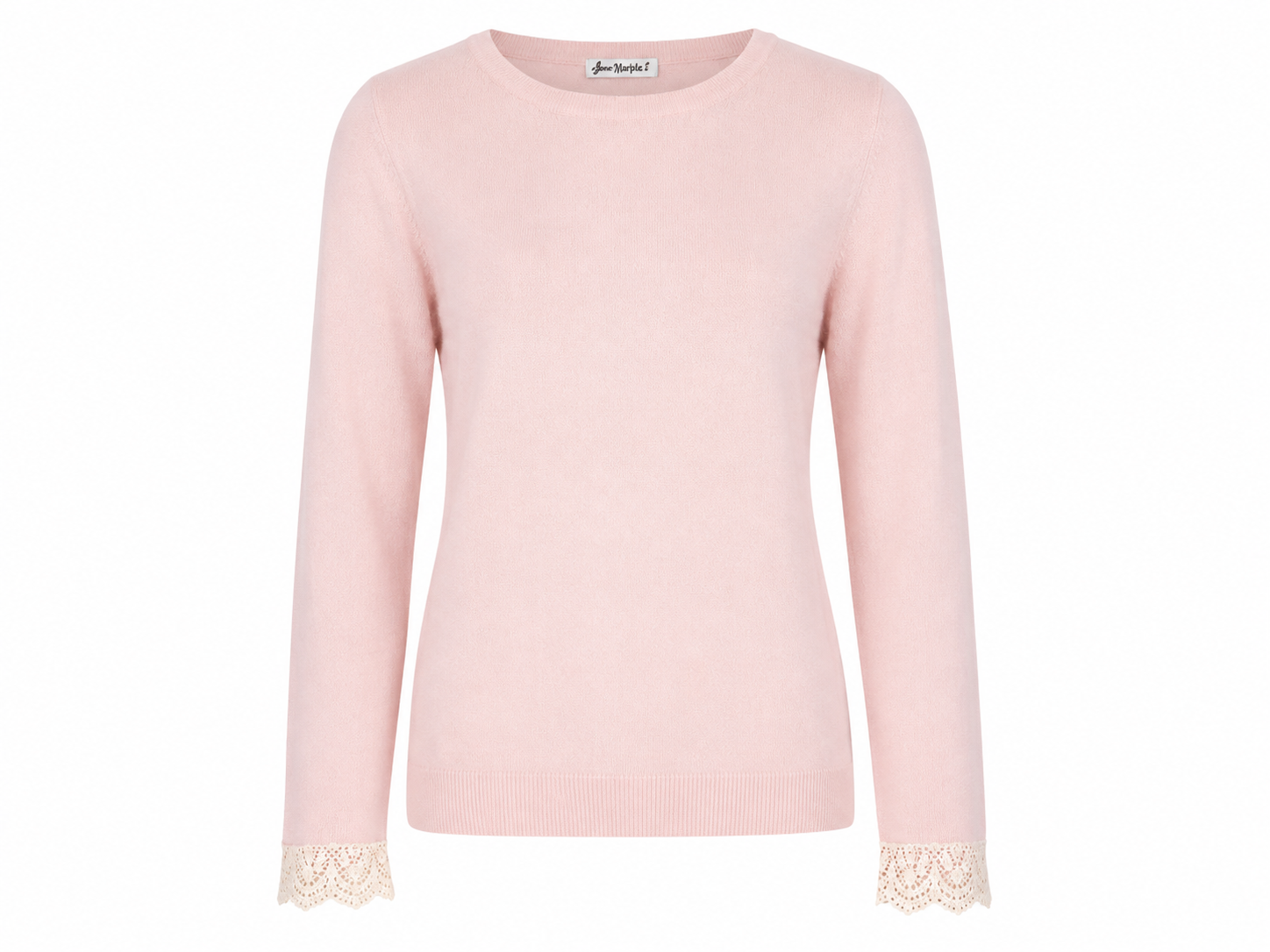  Weyburn girls' pink knit sweater with elegant lace cuff detail. Comfortable long-sleeve design in UK size 10–12 years, perfect for everyday wear.