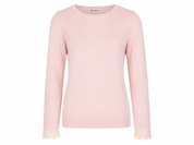  Weyburn girls' pink knit sweater with elegant lace cuff detail. Comfortable long-sleeve design in UK size 10–12 years, perfect for everyday wear.