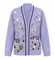  Whisper women’s lavender floral knit cardigan in UK size M. Stylish long-sleeve design with floral detailing and contrasting trim, perfect for layering.