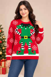  Whisper women’s red Christmas elf jumper, UK size M. Festive knitted sweater with green elf design, snowflakes, ribbed trim and long sleeves.