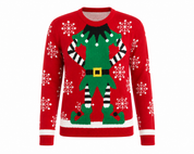  Whisper women’s red Christmas elf jumper, UK size M. Festive knitted sweater with green elf design, snowflakes, ribbed trim and long sleeves.