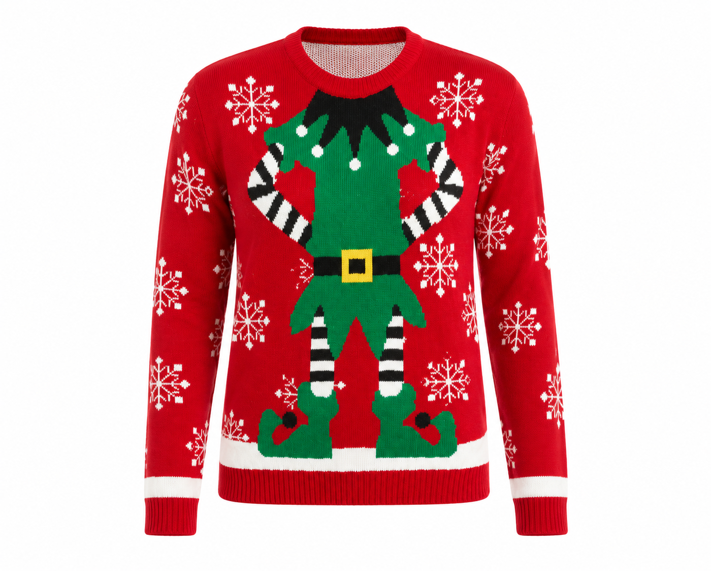  Whisper women’s red Christmas elf jumper, UK size M. Festive knitted sweater with green elf design, snowflakes, ribbed trim and long sleeves.