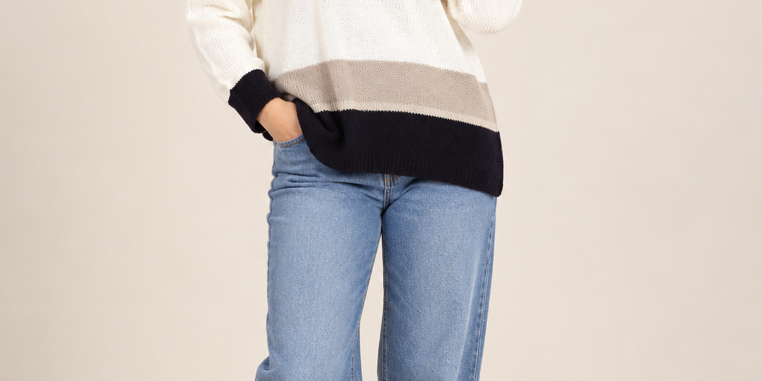  White Label Women's Colour Block Knitted Jumper in UK Size S. Stylish cream, beige and black knitwear, perfect for casual autumn and winter outfits.