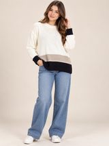 White Label Women's Cream, Beige & Black Colour Block Knitted Jumper