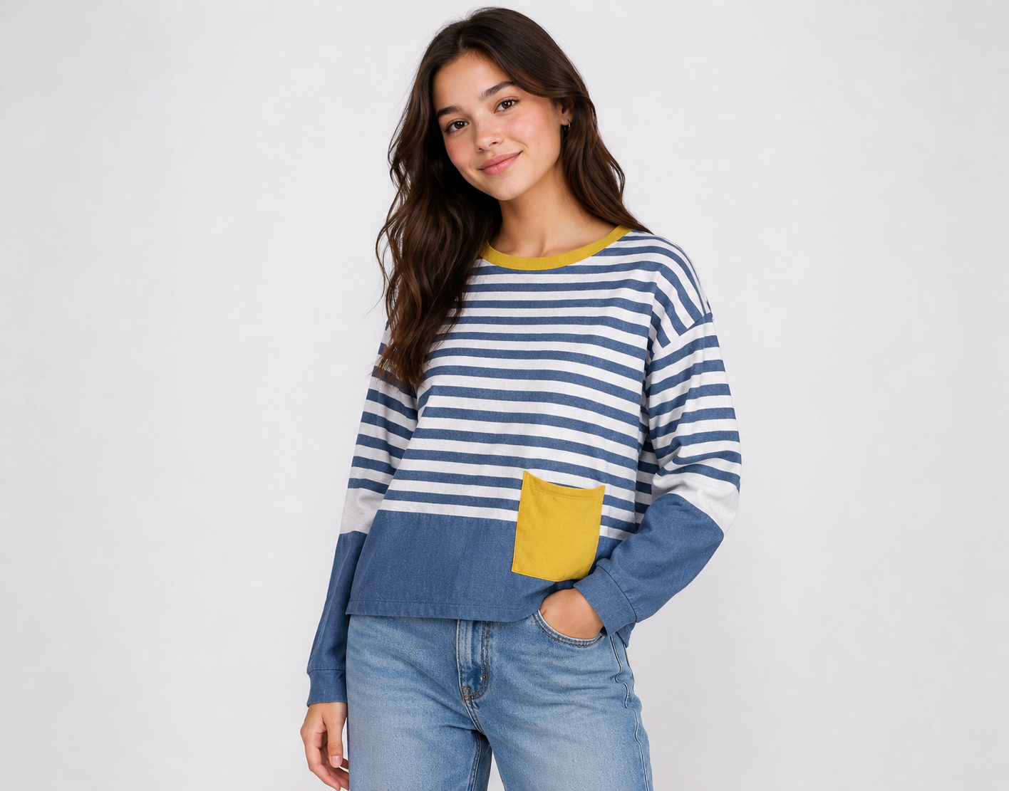  White Stuff blue and white striped long-sleeve top with mustard pocket, UK size 14. Stylish, casual and perfect for everyday wear.
