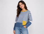  White Stuff blue and white striped long-sleeve top with mustard pocket, UK size 14. Stylish, casual and perfect for everyday wear.