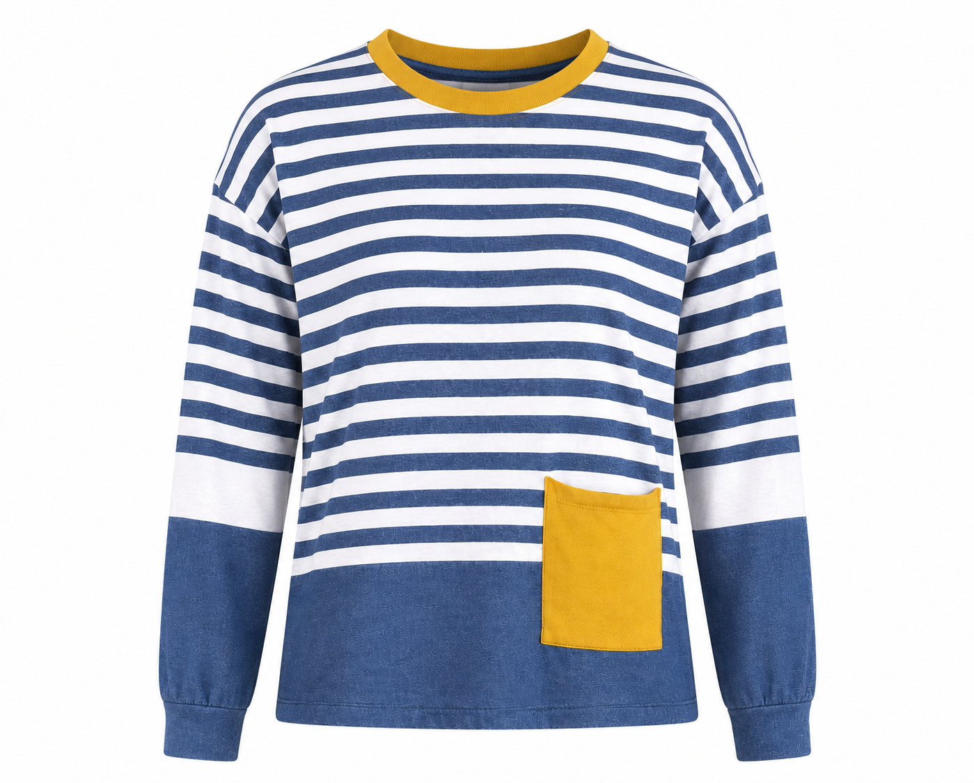  White Stuff blue and white striped long-sleeve top with mustard pocket, UK size 14. Stylish, casual and perfect for everyday wear.