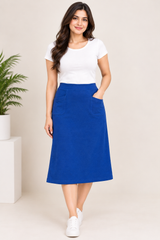White Stuff Women Cobalt Blue A-Line Midi Skirt with Front Pockets