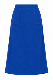   White Stuff women's cobalt blue A-line midi skirt in UK size 12. Stylish front patch pockets, a flattering silhouette, and versatile everyday appeal.