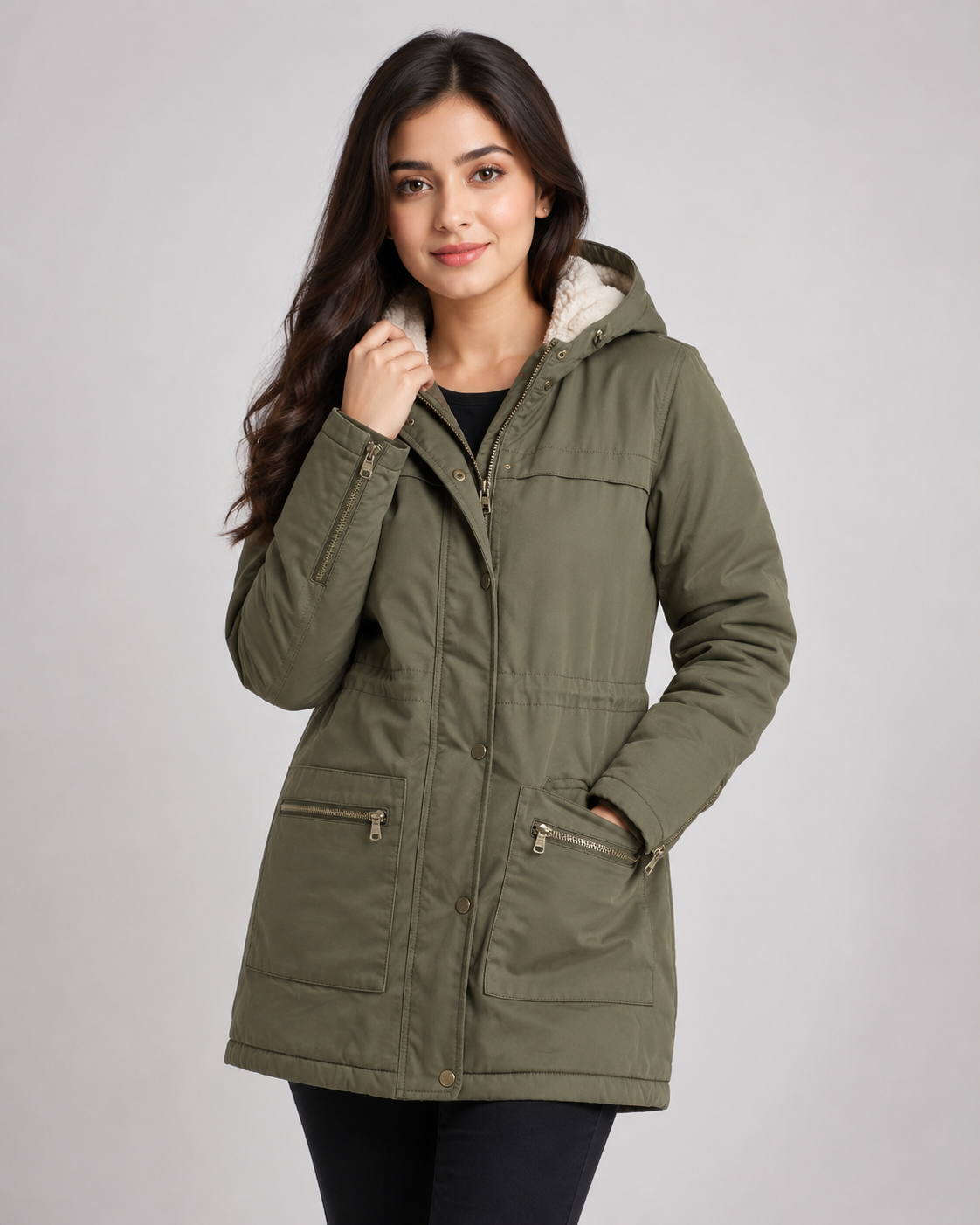 Stay warm and stylish with this women's olive green hooded parka jacket featuring a soft sherpa fleece lining, full front zip with snap-button closure, functional zip pockets, adjustable hood, and a flattering longline fit. Perfect for autumn and winter, this versatile coat provides warmth, comfort, and timeless everyday style for casual outings, travel, work, and outdoor activities.