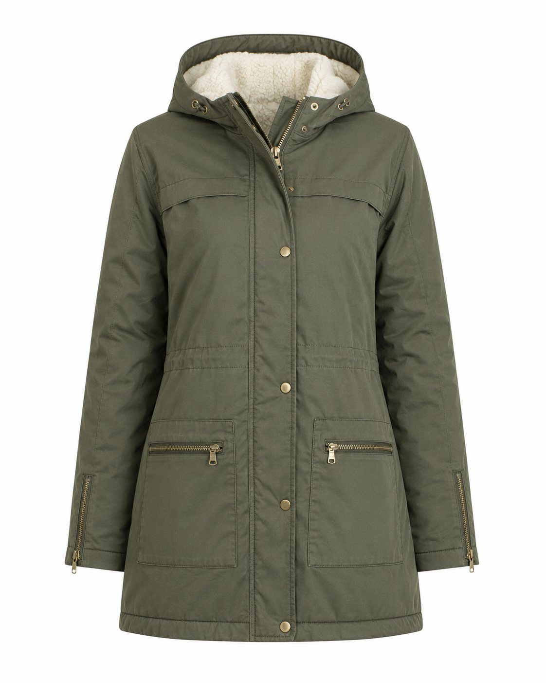 Stay warm and stylish with this women's olive green hooded parka jacket featuring a soft sherpa fleece lining, full front zip with snap-button closure, functional zip pockets, adjustable hood, and a flattering longline fit. Perfect for autumn and winter, this versatile coat provides warmth, comfort, and timeless everyday style for casual outings, travel, work, and outdoor activities.