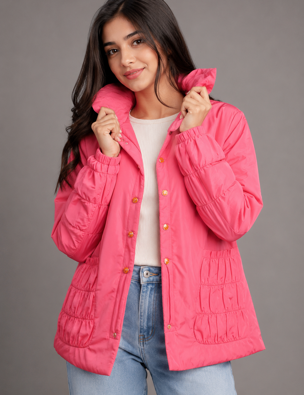 Upgrade your winter wardrobe with this stylish Women's Pink Lightweight Puffer Jacket, designed for warmth, comfort, and everyday fashion. Featuring a soft padded construction, elegant high stand collar, secure snap-button front closure, and spacious gathered front pockets, this jacket offers the perfect combination of functionality and modern style.