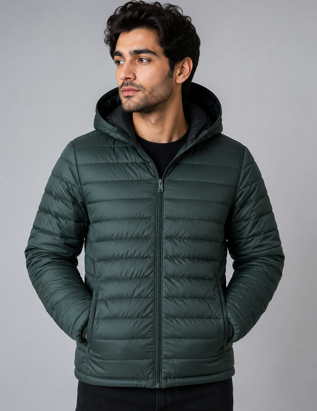  Work Out Men's Dark Green Hooded Quilted Puffer Jacket featuring a lightweight insulated design, attached hood, full zip closure, and practical side pockets. Perfect for casual wear and winter comfort.