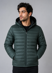  Work Out Men's Dark Green Hooded Quilted Puffer Jacket featuring a lightweight insulated design, attached hood, full zip closure, and practical side pockets. Perfect for casual wear and winter comfort.
