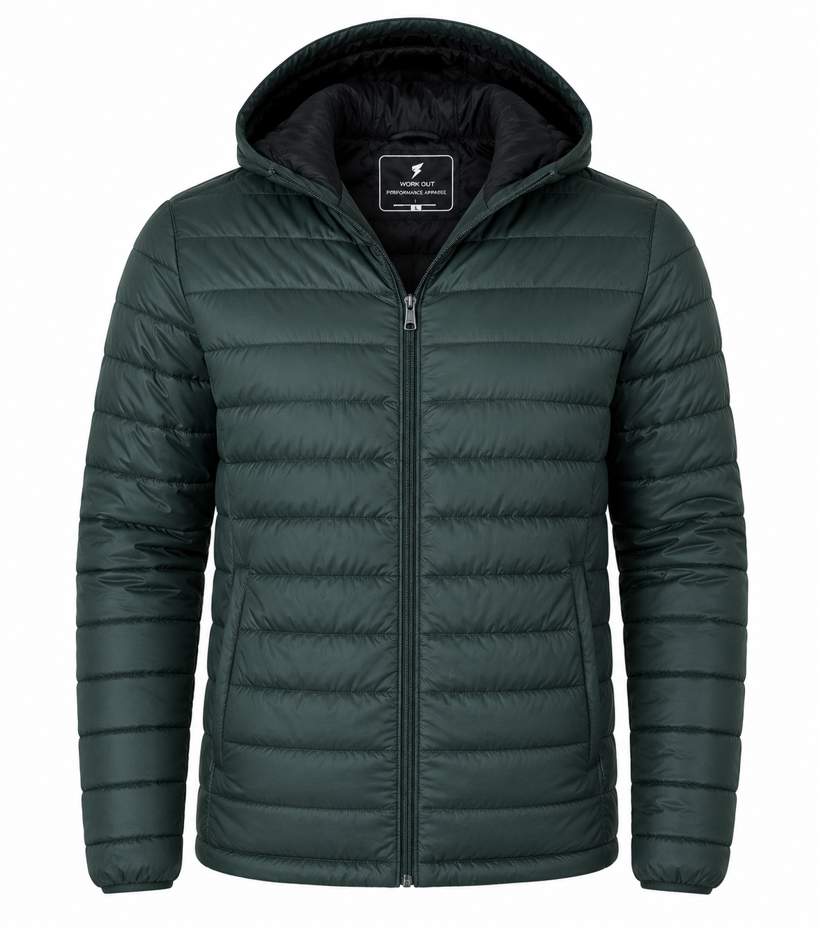 Work Out Men's Dark Green Hooded Quilted Puffer Jacket featuring a lightweight insulated design, attached hood, full zip closure, and practical side pockets. Perfect for casual wear and winter comfort.