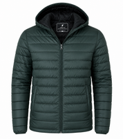 Work Out Men's Dark Green Hooded Quilted Puffer Jacket featuring a lightweight insulated design, attached hood, full zip closure, and practical side pockets. Perfect for casual wear and winter comfort.