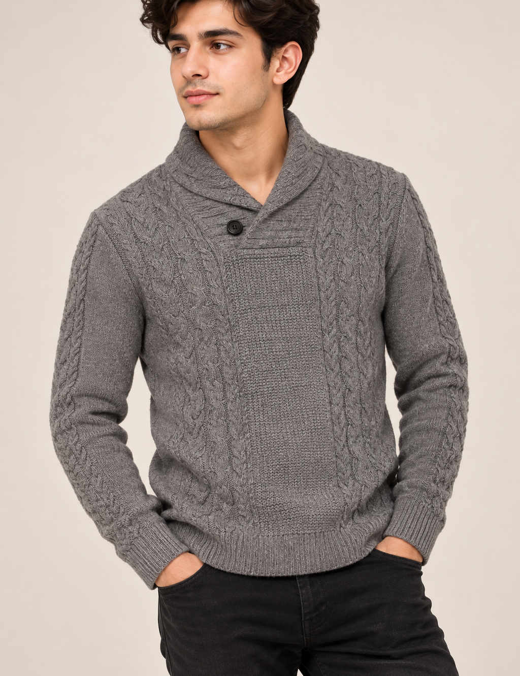 WORLD REPUBLIC Men’s Grey Cable Knit Shawl Collar Jumper in UK Size M. A stylish long-sleeve sweater ideal for casual and winter wear.