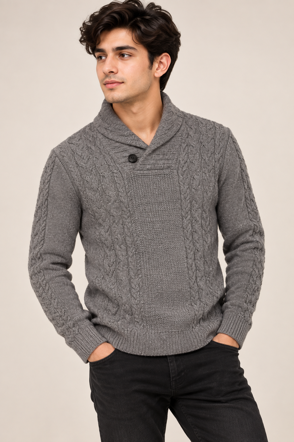 WORLD REPUBLIC Men’s Grey Cable Knit Shawl Collar Jumper in UK Size M. A stylish long-sleeve sweater ideal for casual and winter wear.